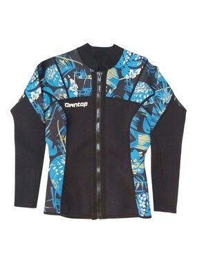 OwnTop Women’s 2mm Neoprene Wetsuit Jacket Blue Tropical Floral Front Zip